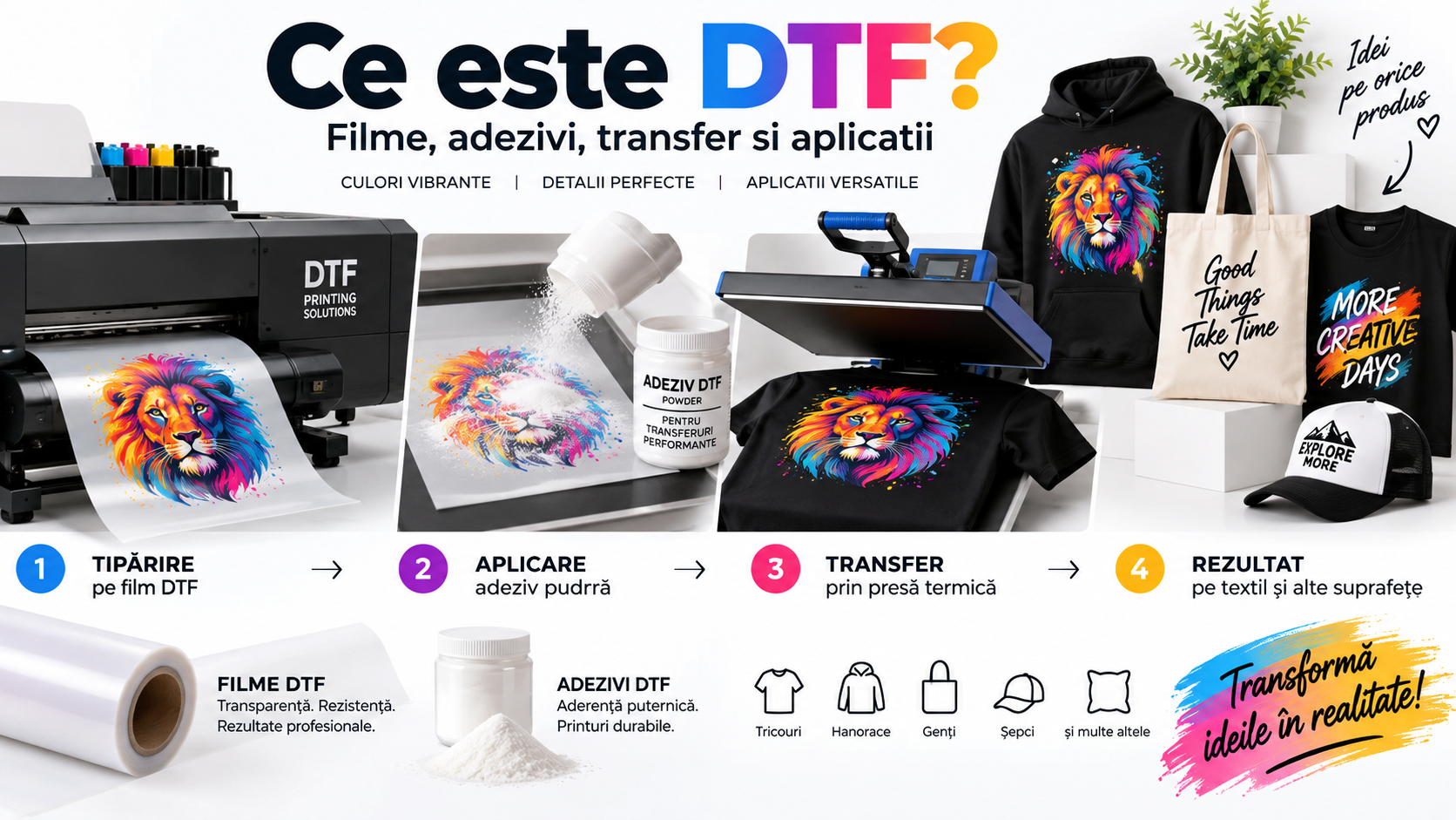 Ce este DTF si cum functioneaza - imprimare pe folie, pudra adeziva si transfer pe textile