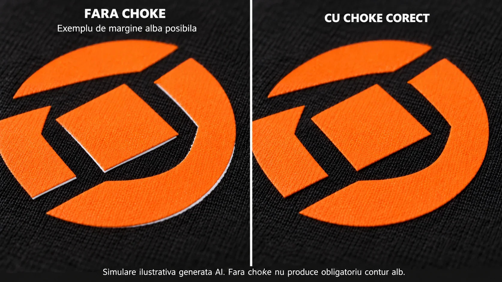 Choke DTF: comparatie ilustrativa a conturului alb fara choke si a marginii curate cu choke corect