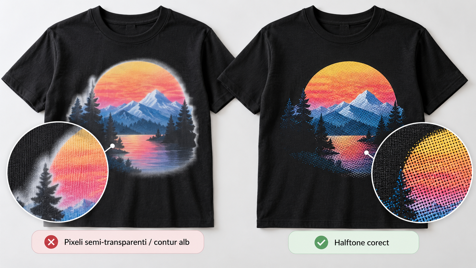Halftone DTF pentru transparenta si gradient cu puncte pe tricou
