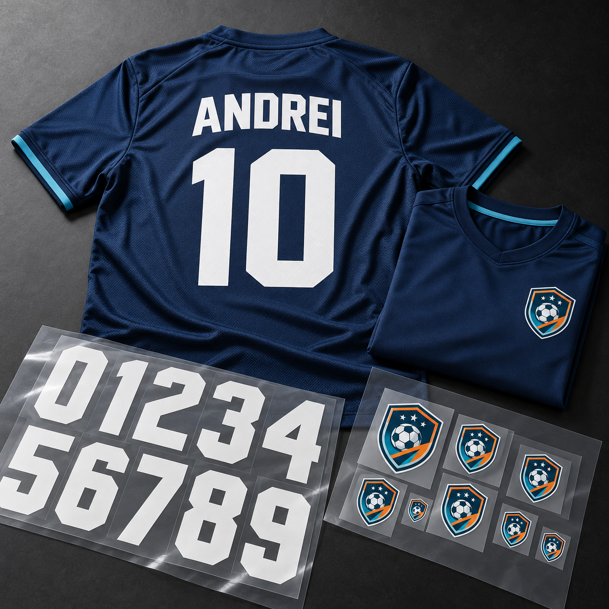 Tricouri sportive bleumarin personalizate cu nume, numar si emblema, alaturi de transferuri DTF gata de aplicare.