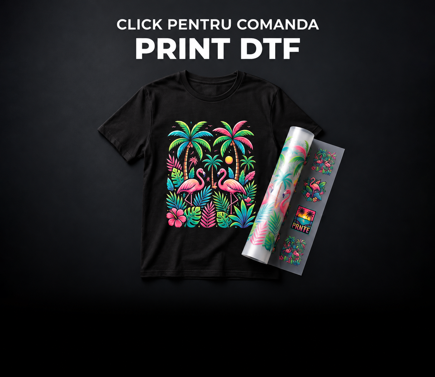 Tricou negru personalizat cu flamingo si folie de transfer DTF pentru textile